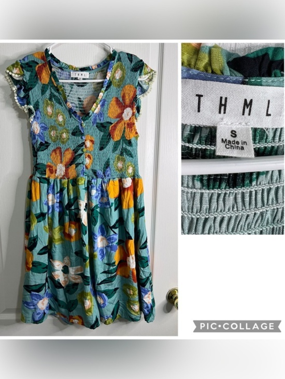 THML Teal Floral Smocked V-Neck Dress with Orange & Blue Blooms size S